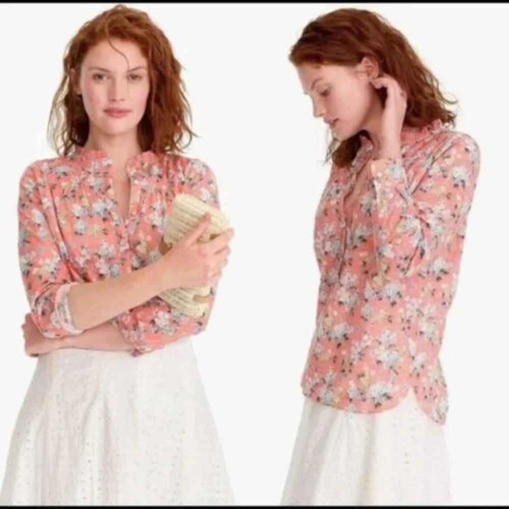 J. Crew Top 0 Liberty Josephine Floral Ruffle Popover Coral L0607